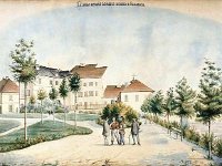 Gornji grad. Park Grič. Pogled na zgradu Gimnazije 1862. godine (Joseph Svoboda)